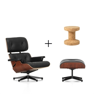 Vitra Eames Lænestol Santos Palisander/Sort Læder Med Ottoman + Cork Family Skammel Model B