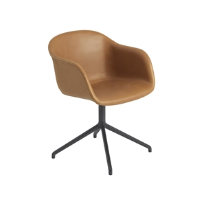 Muuto Fiber Spisebordsstol med Armlæn og Swivel Base Læder Polstret Cognac/Sort