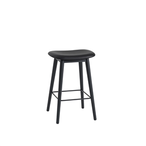 Muuto Fiber Barstol M. Træ Base Læder Polstret Sort/Sort H66 cm