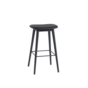Muuto Fiber Barstol M. Træ Base Læder Polstret Sort/Sort H76 cm