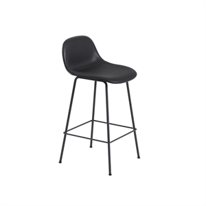 Muuto Fiber Barstol M. Tube Base Og Ryglæn Læder Polstret Sort/Sort H87,5 cm