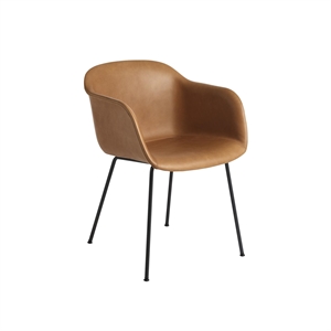 Muuto Fiber Spisebordsstol med Armlæn og Tube Base Læder Polstret Cognac/Sort